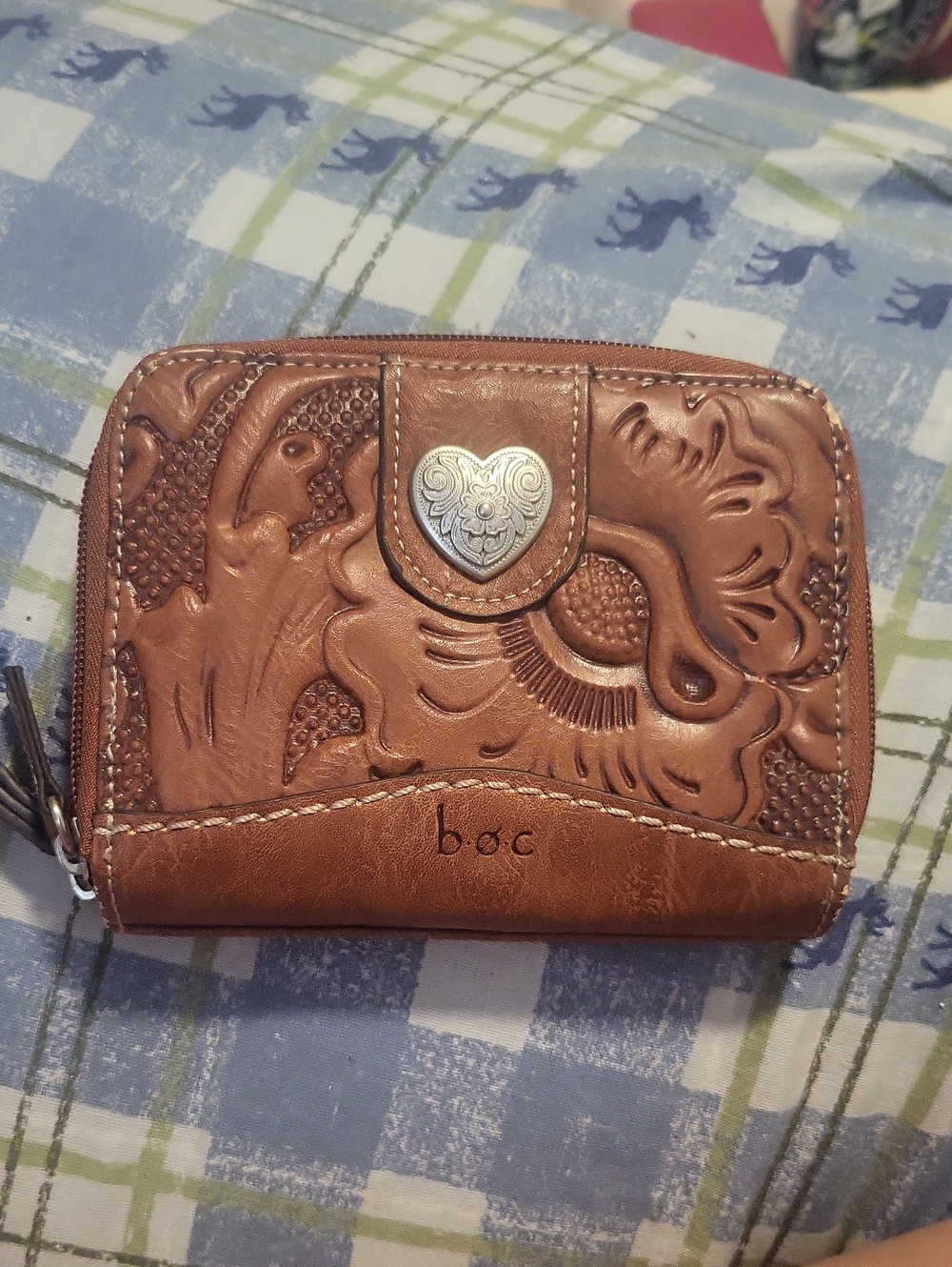 b.o.c. Tooled Leather Zip Wallet - Cognac Brown with Silver Heart